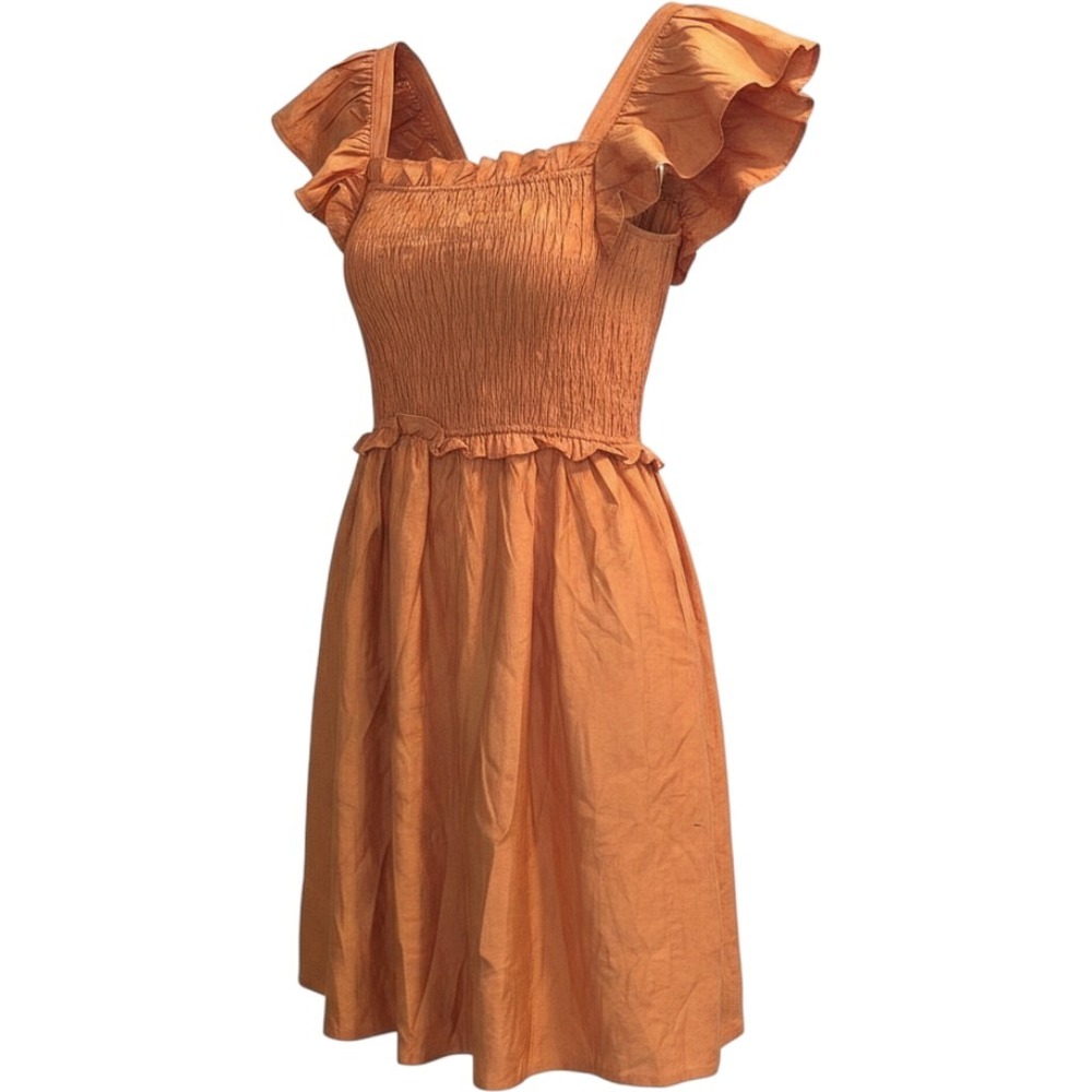 Moon River Orange Smocked Ruffle Cap Sleeve Mini Dress Small Square Neck Cottage